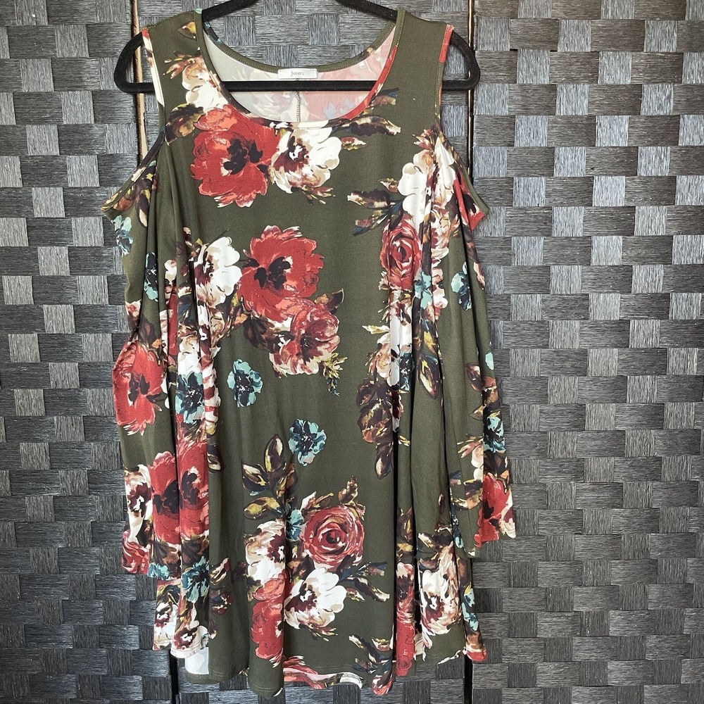 JODIFL Womens Floral Tunic Top Large Boho Cold Shoulder Bohemian Roses